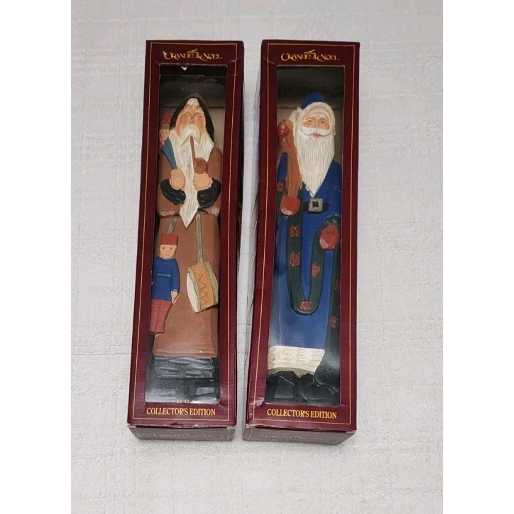 Grandeur Noel Collectors Edition Carved Wood Santa of the World Figures Set Of 2